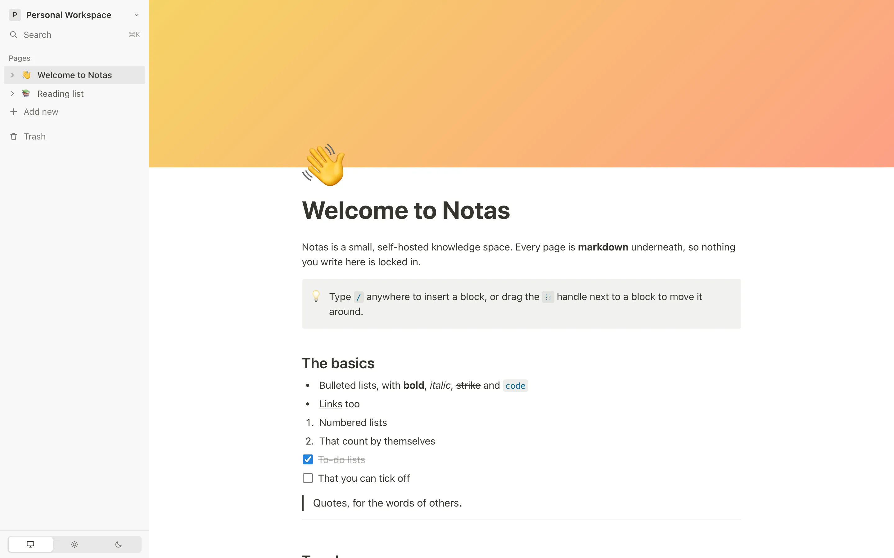 a page, with the sidebar of its workspace